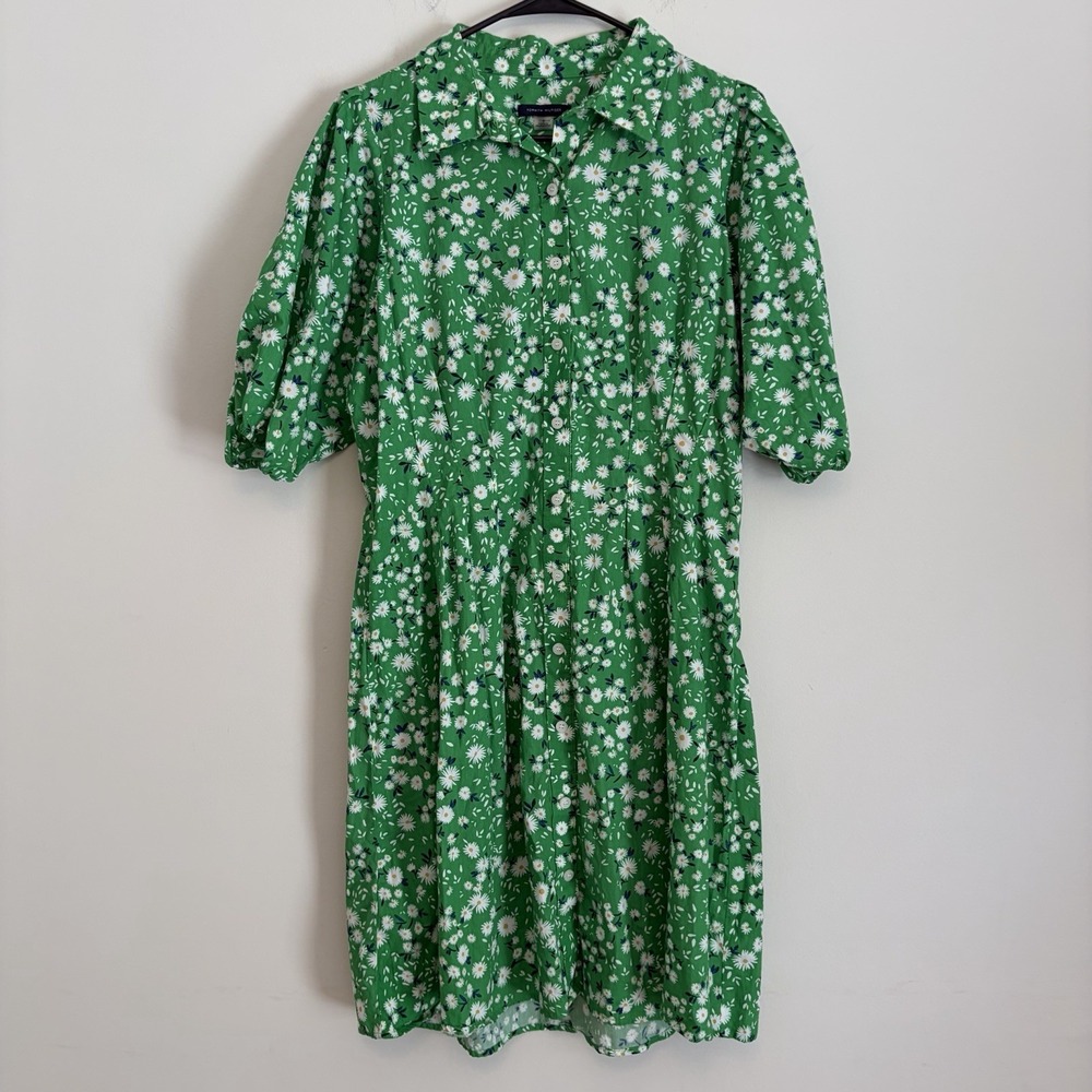 Tommy Hilfiger Windblown Daisy Green Floral Shirt Dress Puff Sleeve 8 Button